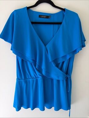 Lauren Ralph Lauren Bright Blue Ruffle Wrap Blouse